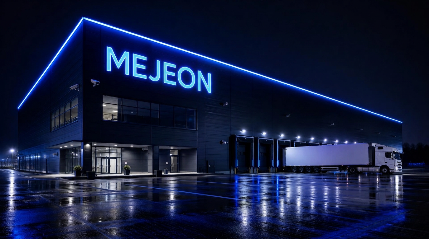 Modern commercial distribution center at night with professionally installed security cameras